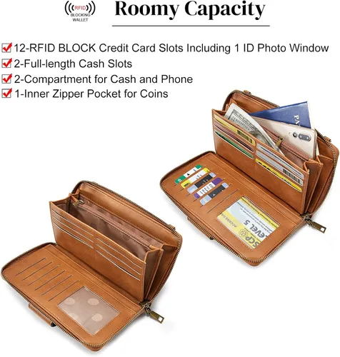 Vista 4 de S-ZONE Cartera cruzada para teléfono celular, cartera de pulsera para mujer, con bloqueo RFID, con 2 correas