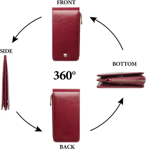 Vista 4 de FOXLOVER Portatarjetas de crédito múltiples para mujer, con bloqueo RFID, cartera de cuero para mujer con bolsillo con cremallera, rojo vino