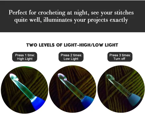 Vista 2 de Vidillo Juego de luces de ganchillo con funda, ganchos ergonómicos recargables iluminados, 9 ganchos intercambiables con una funda de ganchillo