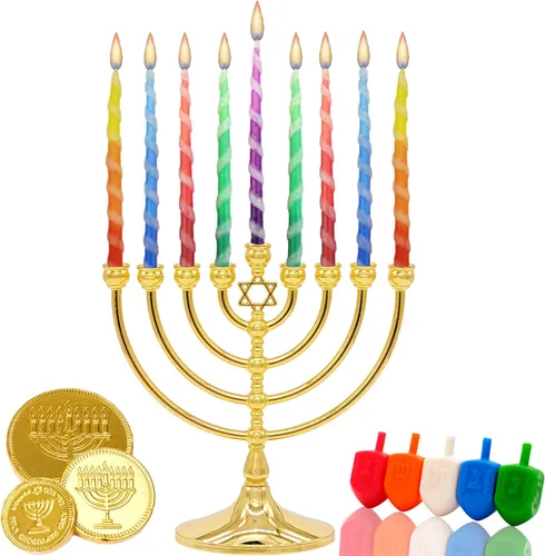 Vista 3 de Paquete de 10 velas de menorá trenzadas de lujo de Hanukkah para las 8 noches de Janucá, multicolor, 1 hora de tiempo de combustión