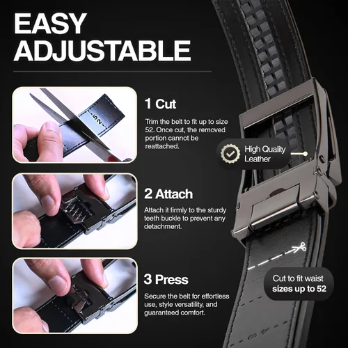 Vista 7 de Cinturón de trinquete de cuero genuino para hombre, cinturón ajustable con hebilla negra o plateada, vestido e informal