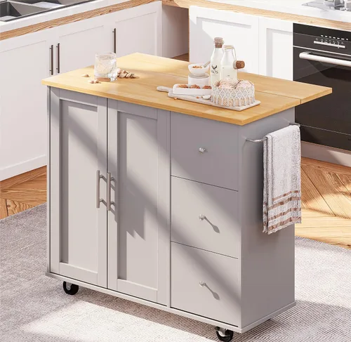 Vista 13 de SUNLEI Isla de Cocina con Carro de Almacenamiento, Carrito Rodante de Café Pequeño, Mesa de Corte de Madera, Microondas con 3 Cajones sobre Ruedas