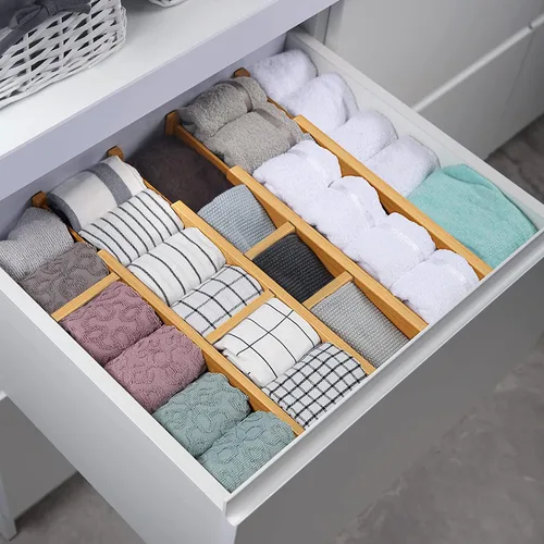 Vista 5 de Separadores de cajones de bambú ajustables para ropa, utensilios de cocina, escritorios de oficina, accesorios de baño, calcetines y ropa
