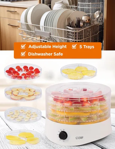 Vista 4 de Commercial Chef - Deshidratadora de alimentos, cinco bandejas de plástico libres de BPA de 9.25”, deshidrata y seca carne, frutas, verduras y Blanco