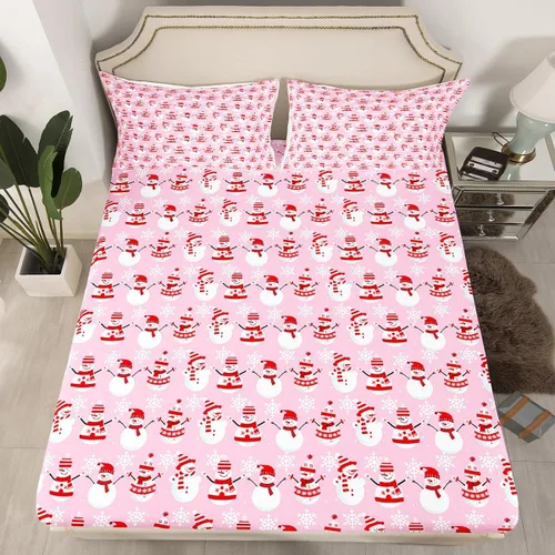 Vista 23 de Juego de sábanas con diseño de Papá Noel y muñeco de nieve para niños, niñas y niños, de temática navideña, juego de cama con diseño de árbol