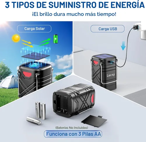 Vista 2 de LETMY Paquete de 4 linternas de campamento, linternas LED recargables, faroles solares con batería para huracanes con 3 vías de alimentación y cable