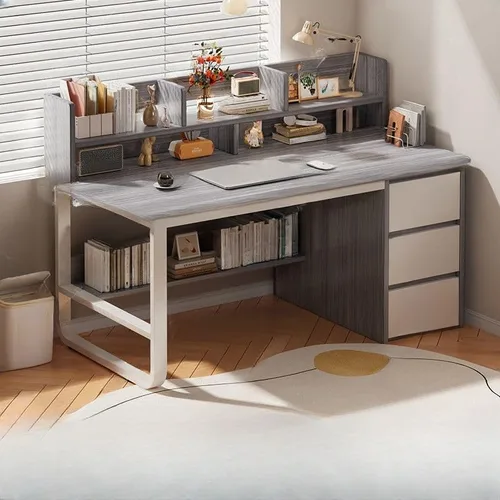 Vista 15 de Escritorio moderno con 3 cajones, mesa de estudio de computadora con gabinete para oficina en casa, estación de trabajo para espacios pequeños Gris