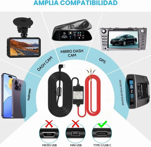 Vista 2 de Kit de cable duro para cámara de salpicadero, kit de cable duro para cámara tipo C de 3 conductores, kit de cable duro USB-C de 12V-24V a 5V