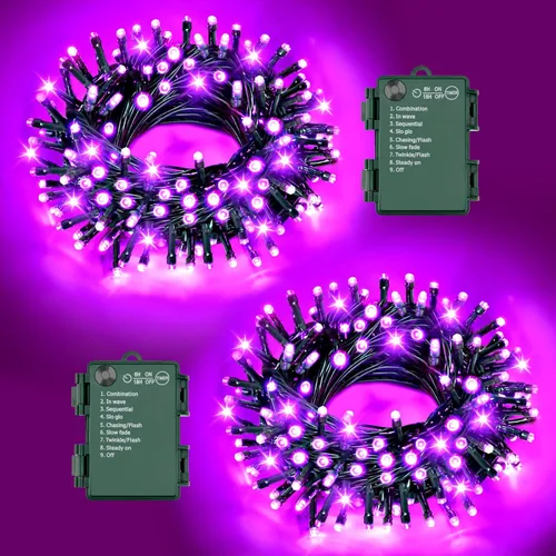 Vista 11 de Luces de Cadena de Halloween Total 100LED Operadas por Batería Exteriores 8 Modos con Temporizador 16.4Pies*2, 50LED*2 Luces de Hadas Impermeables