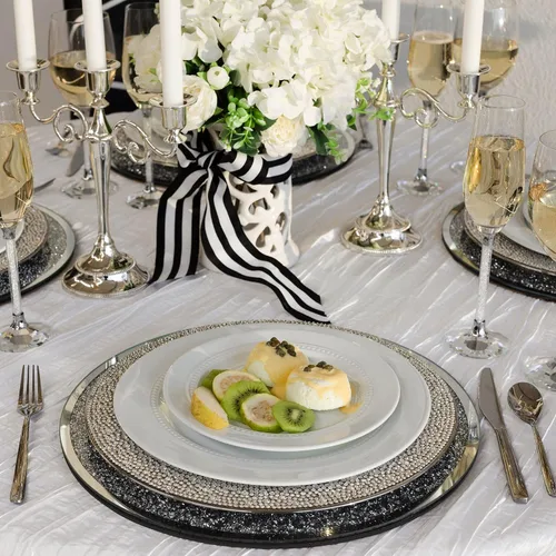 Vista 6 de Regent - Cargador redondo, único, dramático, servidor de plato de cena con espejo de vidrio, para mesas de comedor formales, eventos, bodas, plata