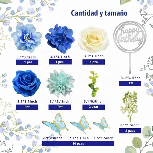 Vista 2 de 19 piezas de decoración de mariposa para pasteles, decoración de feliz cumpleaños con rosas azules artificiales, mariposas de eucalipto, suministros