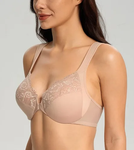 Vista 3 de Lemorosy Brasier para mujer, talla grande, sin relleno, cierre frontal, espalda cruzada, con aros, para uso diario