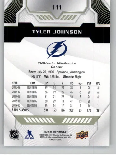 Vista 2 de 2020-21 Upper Deck MVP #111 Tyler Johnson Tampa Bay Lightning NHL Hockey Trading Card