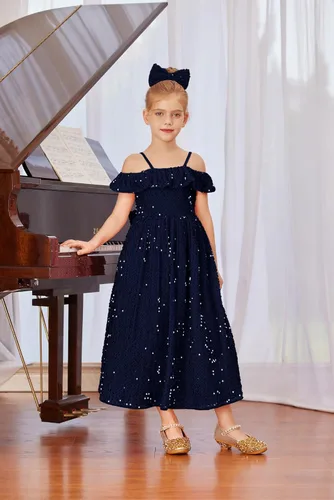 Vista 5 de GRACE KARIN Vestido de niña con hombros descubiertos y lentejuelas brillantes con nudo de lazo, 6-12 años
