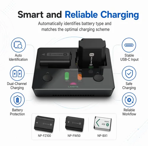 Vista 6 de Cargador de batería de cámara 3 en 1 para Sony NP-FZ100 NP-FW50 NP-BX1, cargador rápido LCD de doble ranura USB-C compatible con baterías de cámara