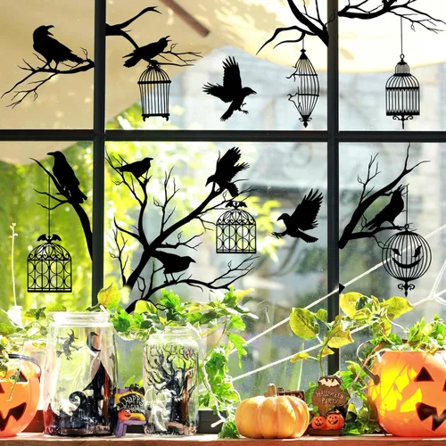 Vista 2 de AnyDesign Calcomanías para ventana de Halloween, 9 hojas de calcomanías de ventana de jaula de cuervo negro, de doble cara extraíble para fiesta