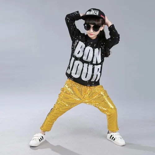 Vista 6 de LOLANTA Disfraz de baile para niños y niñas, ropa de hip hop con lentejuelas de los años 80 y 90, trajes brillantes de baile