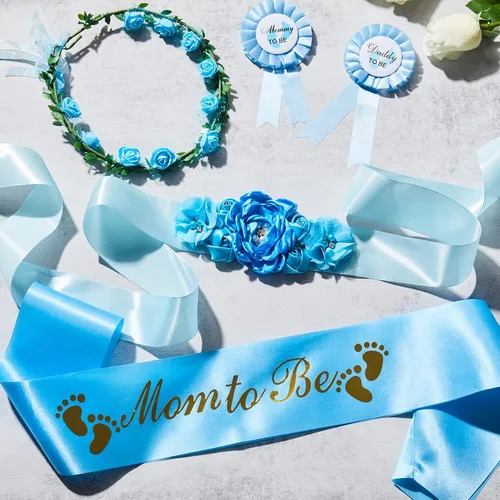 Vista 4 de Xinnun Kit de 5 bandas de maternidad para baby shower, banda de hombro y alfiler, corona de flores, corona de flores, banda para embarazo, tocado