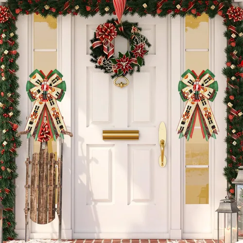 Vista 5 de Whaline Corona de Navidad, lazo de arpillera de cascanueces rojo y verde con colgante, adorno de árbol de Navidad, adornos de regalo