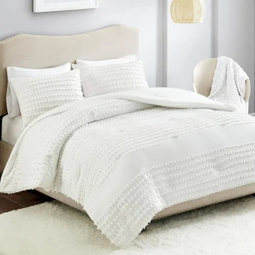 Vista 13 de [Usado] Comfort Spaces Juego de edredón de algodón con diseño de pompones de tul Jacquard, relleno alternativo, ropa de cama moderna para todas