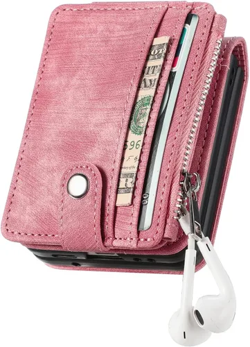 Vista 4 de Fundas para Galaxy Z Flip 5 Funda tipo cartera con tarjetero retro 2 en 1 con cremallera desmontable Flip Wallet Kickstand Premium PU Funda