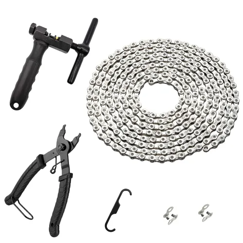 Vista 9 de Kit de cadena para bicicleta, acero al carbono de 6/7/8 velocidades, plata