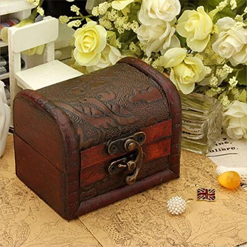 Vista 2 de Hofumix - Joyero con pequeño cofre del tesoro, caja vintage hecha a mano para anillos de madera, caja con mini cerradura de metal para almacenar