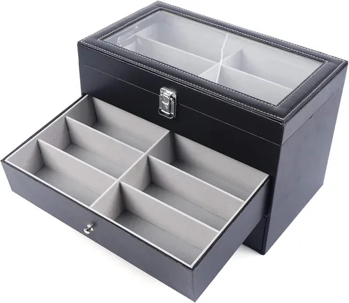Vista 8 de Caja de cuero para 12 relojes y 12 piezas de almacenamiento para lentes y gafas de sol, cajón con cerradura con cerradura, color negro