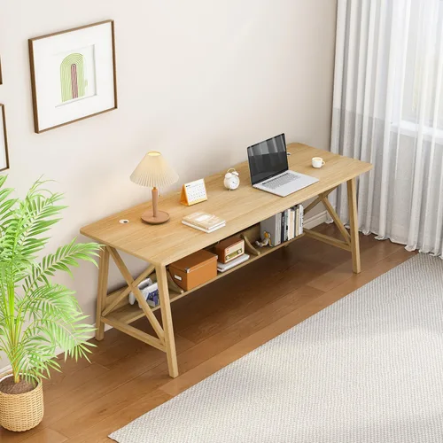 Vista 7 de NELYE Escritorio Extra Largo con Estantería - Mesa de Trabajo de Estudio de Oficina en Casa de Madera, Estación de Trabajo de Computadora de Roble