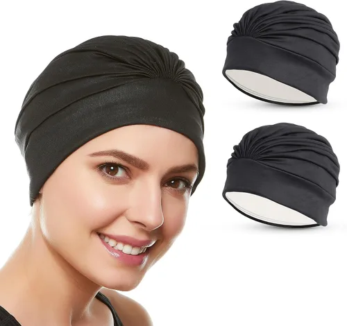 Vista 19 de BEEMO Gorros de natación para mujer, turbante de natación, de poliéster, con forro de látex, plisado para mujer Negro