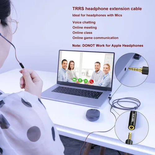 Vista 3 de DUKABEL Cables de extensión para auriculares, 1.2 metros (4 pies) con ángulo recto de 3.5mm TRRS para auriculares con micrófono y extensión