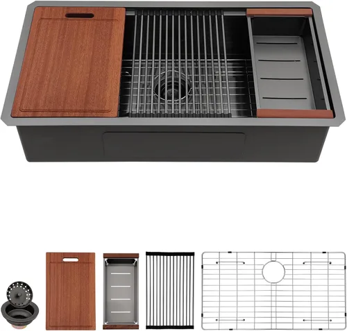 Vista 21 de Sarlai Fregadero de cocina empotrado de 30 pulgadas dorado - Fregadero de cocina de 76,2 cm x 45,7 cm con repisa para estación de trabajo de acero