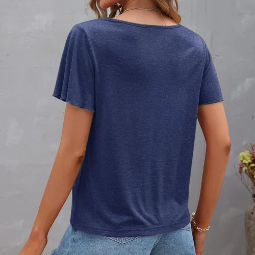 Vista 6 de Lastesso Camisetas de moda de verano para mujer, manga corta, cuello en V, blusas sólidas sueltas con volantes