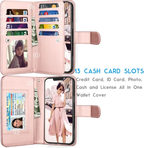 Vista 3 de Tekcoo Funda tipo cartera compatible con iPhone 13 (6.1 pulgadas) 2021 [funda rígida magnética desmontable] de lujo para tarjetas de crédito
