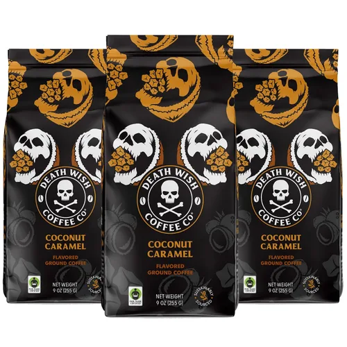 Vista 35 de Death Wish Coffee - Café molido orgánico de tostado medio, paquete de 6 Fair Trade Arabica & Robusta, Stone Fruit Caramel & Roasted Nut Notes