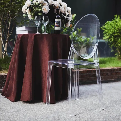 Vista 3 de Efavormart - Juego de 1 silla de banquete transparente sin brazos apilable con respaldo ovalado acrílico, construcción de plástico invisible