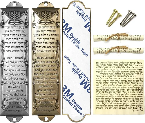 Vista 11 de Mezuzá con pergamino para puerta, estuches de bendición de mezuzá autoadhesivos de metal, placa de latón con escritura de bendición en inglés