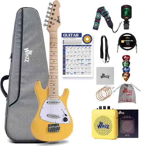 Vista 10 de Winzz - Guitarra eléctrica para niños de 30 pulgadas, kit para principiantes, guitarra eléctrica mini de tamaño 1/4 para niños, juego completo
