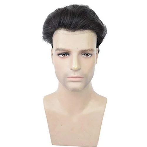 Vista 3 de Amiable Toupee para hombres, postizos de cabello humano para hombre, sistema de reemplazo de cabello humano Vlooped 0.002 in PU piel fina negro