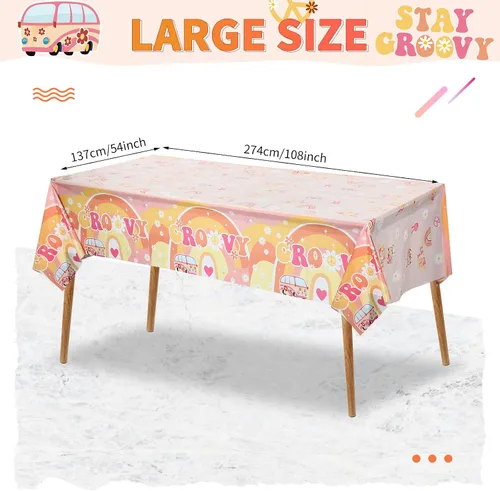 Vista 3 de 3 manteles de plástico para fiestas, diseño de flores, estilo retro, hippie, bohemio, decoración de fiesta de arcoíris, margarita, flor