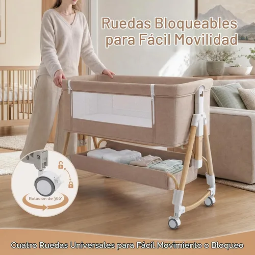 Vista 5 de Moisés de bebé, 3 en 1 moisés para bebé, cuna ajustable de 6 alturas con colchón, malla transpirable, ruedas universales con bloqueo, cesta de Caqui