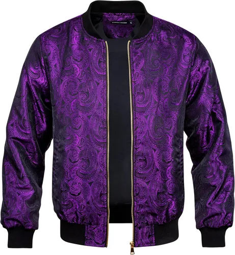 Vista 2 de YOHOWA Chaqueta de lentejuelas para hombre, ligera, cortavientos, estampado de cachemira, corte ajustado, abrigo de bombardero resistente al viento