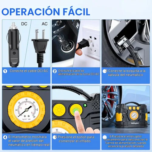 Vista 9 de Nilight Inflador de neumáticos Compresor de aire portátil de doble potencia 12 V CC para automóvil, 110 V CA para el hogar, bomba con manómetro