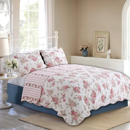 Vista 2 de Juego de ropa de cama edredón de algodón de 3 piezas tamaño Queen, estilo cottage romántico con peonías rosa melocotón shabby chic chintz floral a