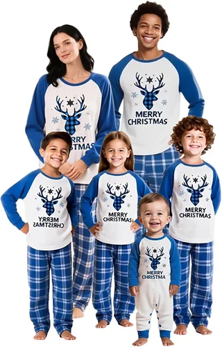 Vista 41 de Awoscut - Conjunto de pijamas navideños a juego, con estampado en la parte superior y pantalones a cuadros #B-7