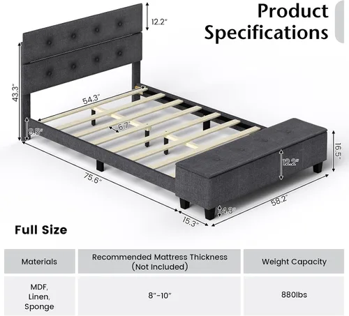 Vista 7 de KOMFOTT Base de cama tapizada de tamaño matrimonial con almacenamiento otomano, base de colchón moderna con cabecera copetuda con botones, base