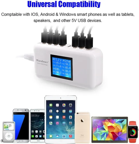 Vista 5 de Estación de carga de escritorio de 60W/12A de 8 puertos Múltiples USB, Hub de cargador de pared rápido de viaje de múltiples puertos con LCD