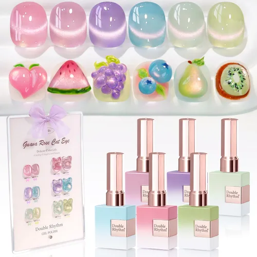 Vista 15 de Double Rhythm - Juego de esmalte de uñas de gel ojo de gato de 6 unidades, mismo color, misma botella, 14.8 ml, brillo con glitter, con imán Aurora