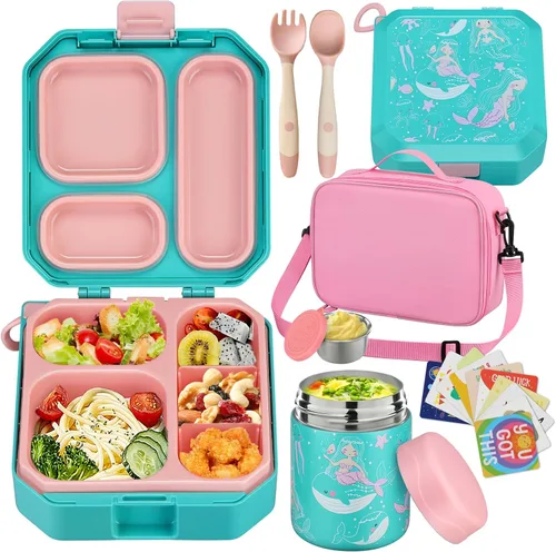 Vista 9 de wiwens - Lonchera Bento para niños con termo de sopa de 12 onzas, contenedor de comida para almuerzo a prueba de fugas con 5 compartimentos, termo