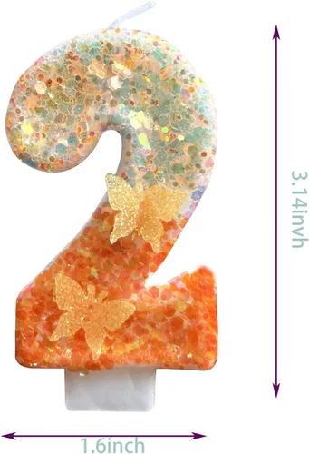 Vista 2 de Vela número 2, vela de mariposa naranja 2 cumpleaños número velas 2 para pasteles velas suministros de fiesta